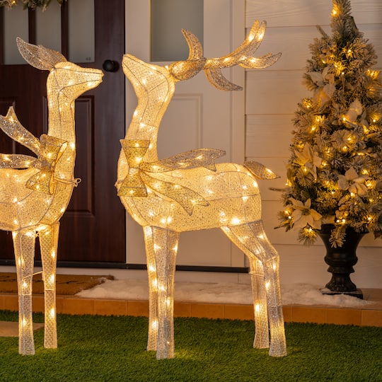 Glitzhome® 43" Christmas 3D Glittered Fabric Reindeer with 170 Warm White LED Lights Set